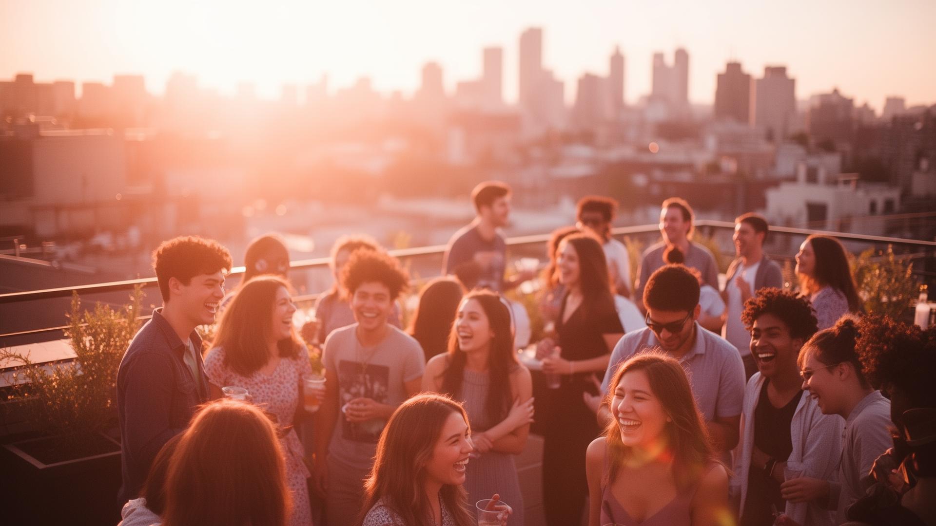 Friends gathering on a rooftop at golden hour